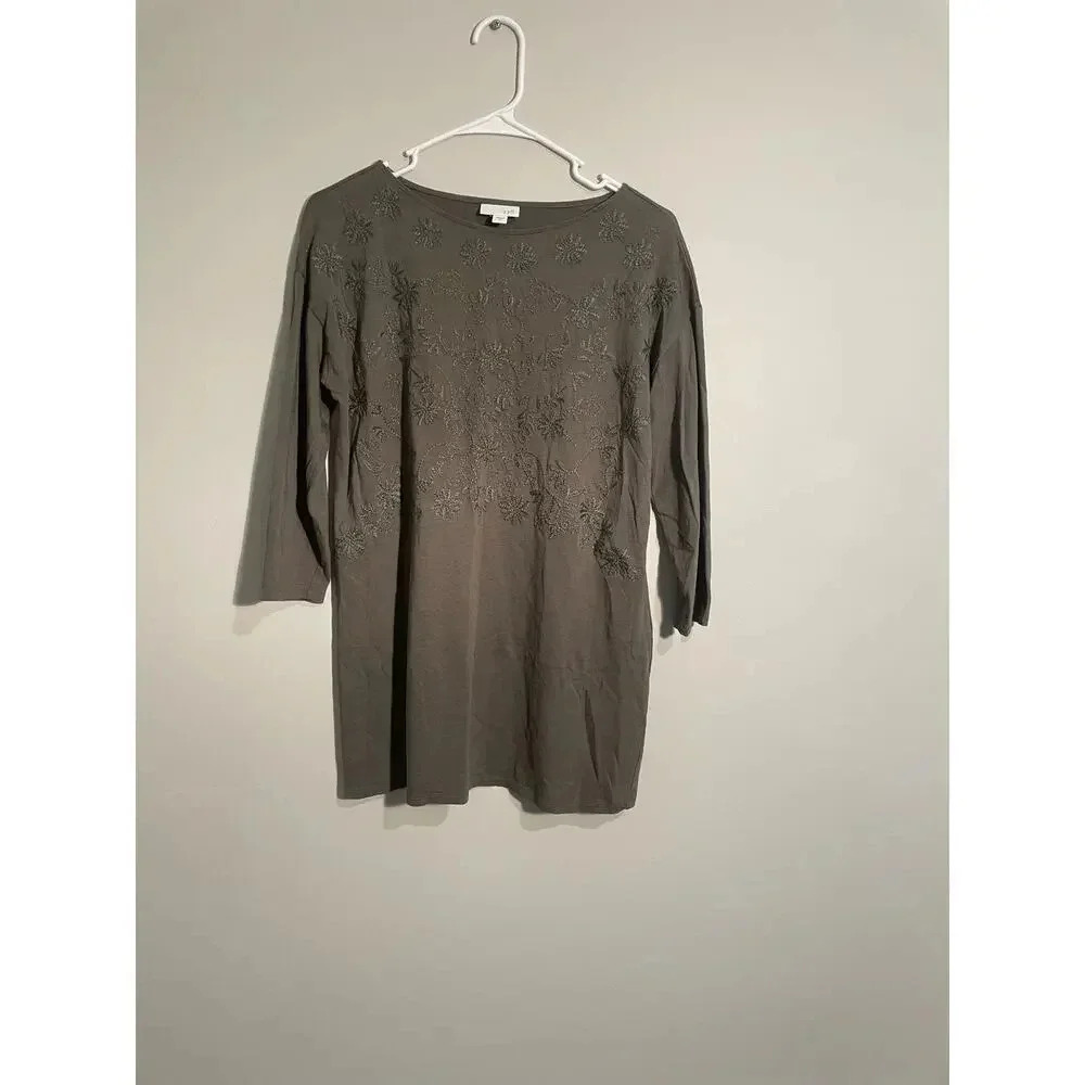 J. Jill Olive‎ Green Floral Embroidered Tunic Top Modal Blend